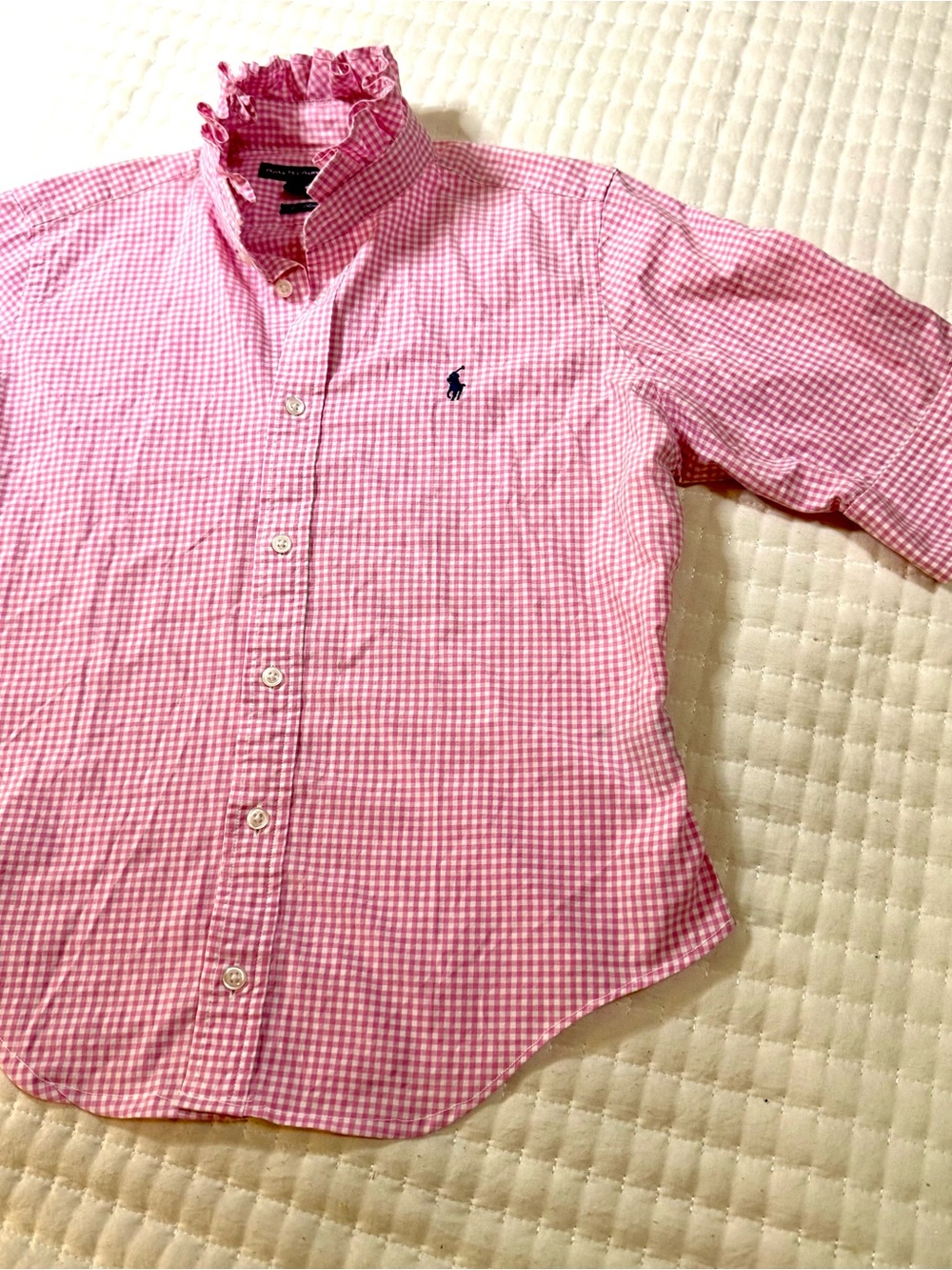 Upcycled Ralph Lauren Light Pink Gingham Ruffle Collar Button-Up - Picture 11 of 11